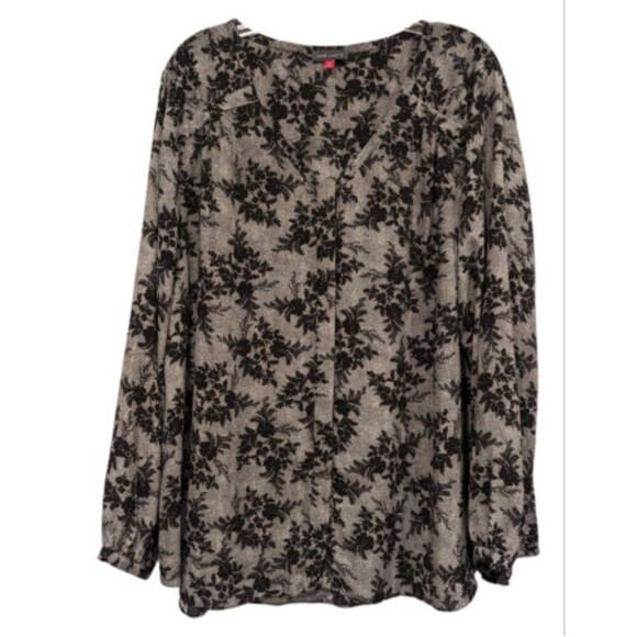 Vince Camuto Blouse Womens 3XL Gray Black Floral Button Up V Neck Career Shirt - Picture 1 of 8